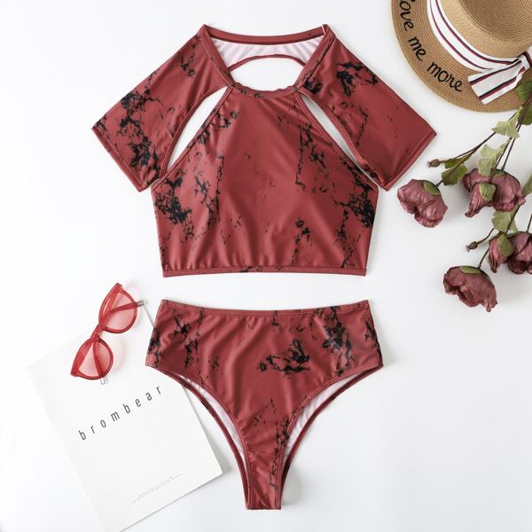 

Random Print Cut-out High Waisted Bikini Swimsuit, Multicolor
