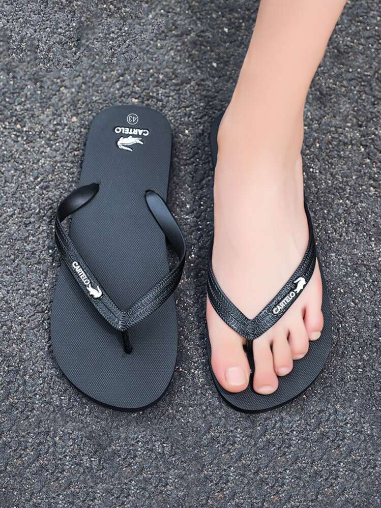 Men Black Metal Decor Flip-Flops, Toe Post Slides For Daily - Black - View 2