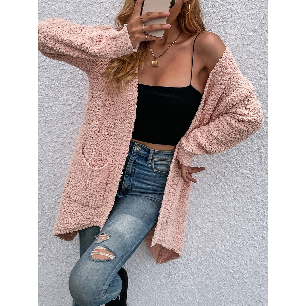 Кардиган с карманами вязаный асимметричный