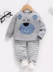 Baby Boy Cartoon Embroidery 3D Ear Patched Pullover & Striped Joggers - Grey - View 1