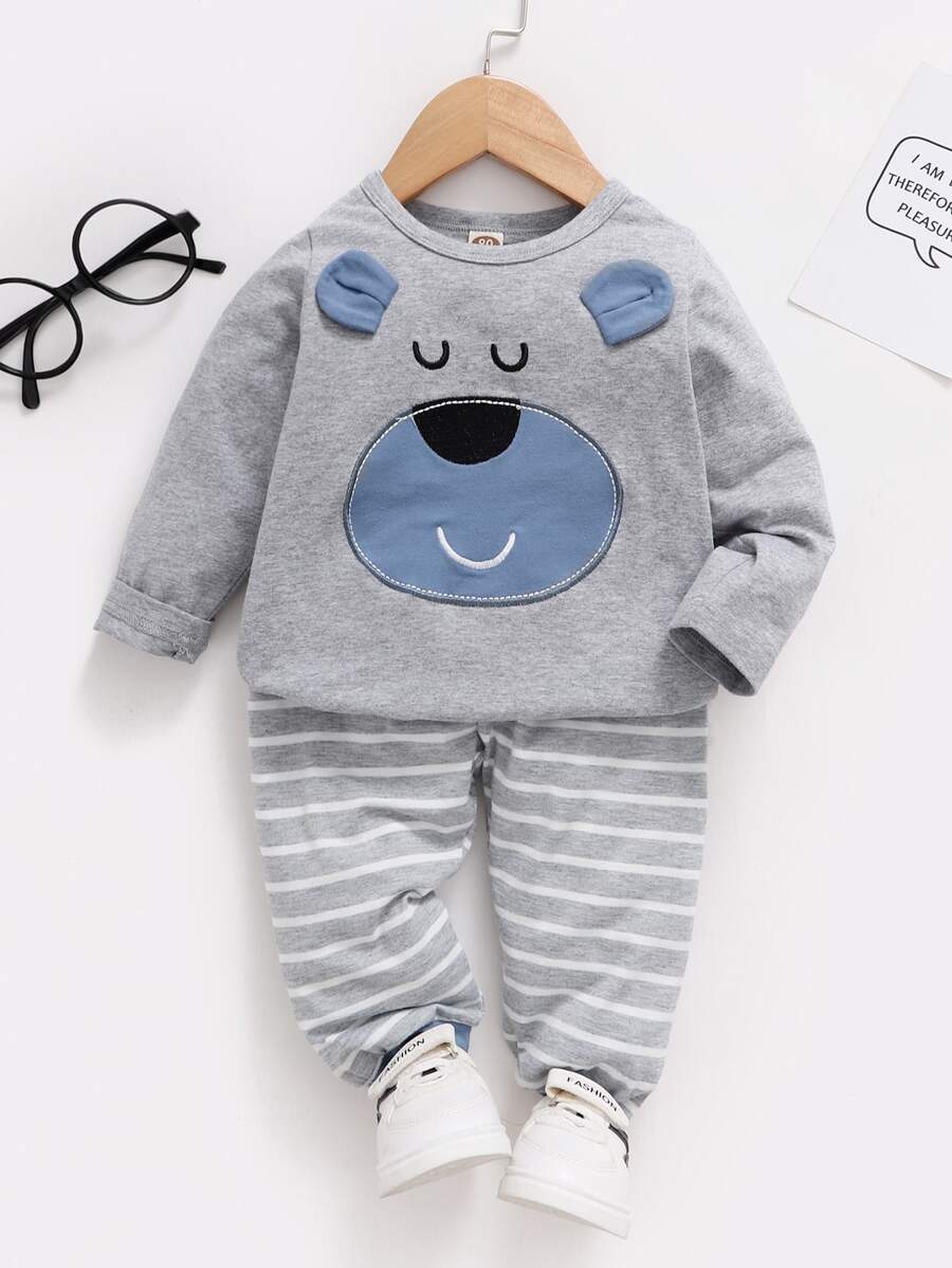 Baby Boy Cartoon Embroidery 3D Ear Patched Pullover & Striped Joggers - Grey - View 1