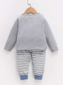 Baby Boy Cartoon Embroidery 3D Ear Patched Pullover & Striped Joggers - Grey - View 2