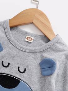 Baby Boy Cartoon Embroidery 3D Ear Patched Pullover & Striped Joggers - Grey - View 4