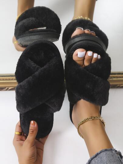 Women's Plush Criss-Cross Strap Slippers, Solid Color, Casual, Lightweight, Non-Slip, Suitable For Bedroom, Spring/Autumn,Fluffy Slippers