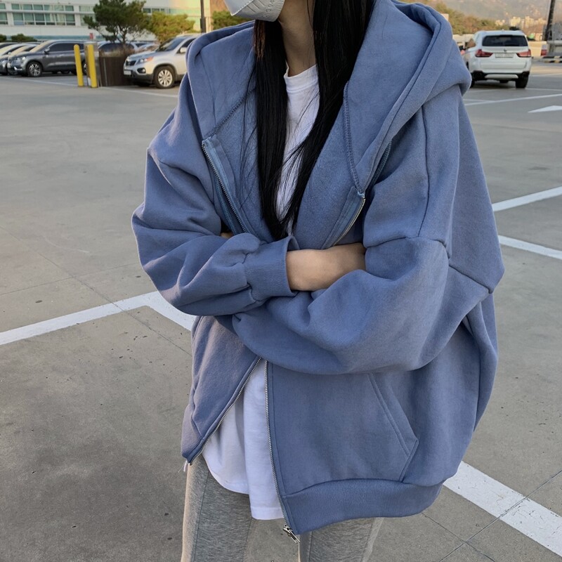 

Drop Shoulder Drawstring Zipper Thermal Hoodie, Blue