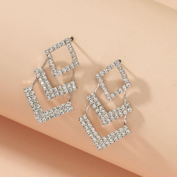 

Rhinestone Decor Geometric Earrings, Silver
