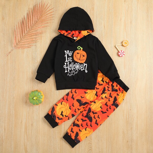 

Baby Halloween Slogan And Pumpkin Print Hoodie & Sweatpants, Multicolor