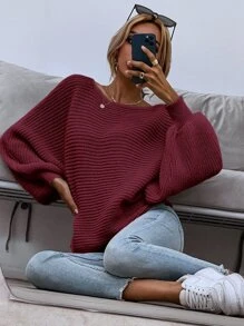 SHEIN LUNE Solid Dolman Sleeve Jumper - Rose Red - View 6