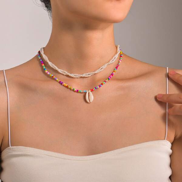 

2pcs Beaded Necklace, Multicolor
