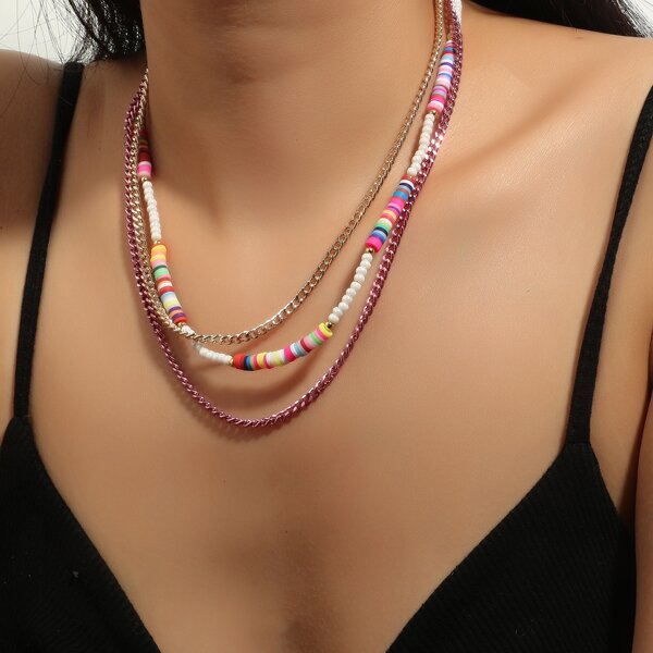 

2pcs Bead Decor Necklace, Multicolor