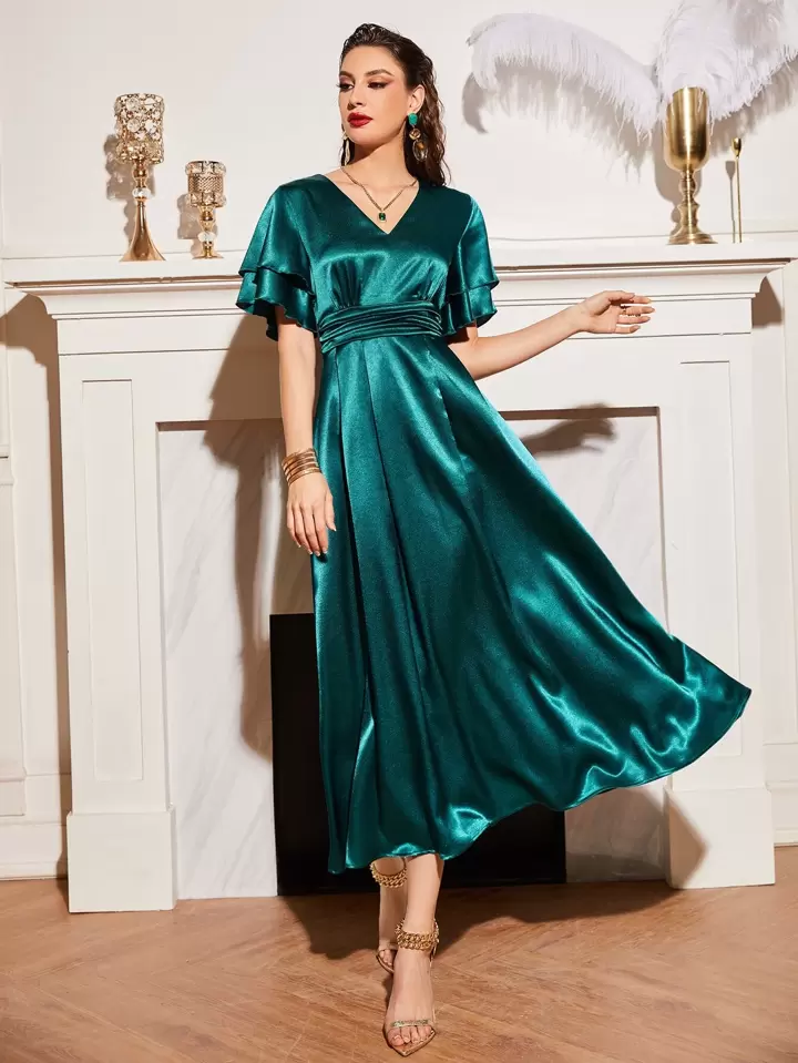 Off Shoulder Flutter Sleeves Satin Dress With Pocket Rust