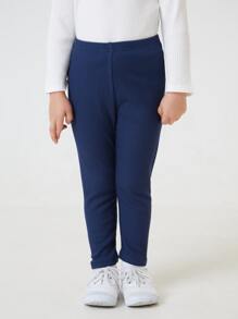 SHEIN Young Girl Solid Rib-Knit Leggings - Navy Blue - View 1