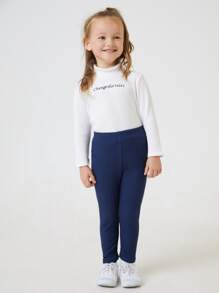 SHEIN Young Girl Solid Rib-Knit Leggings - Navy Blue - View 3