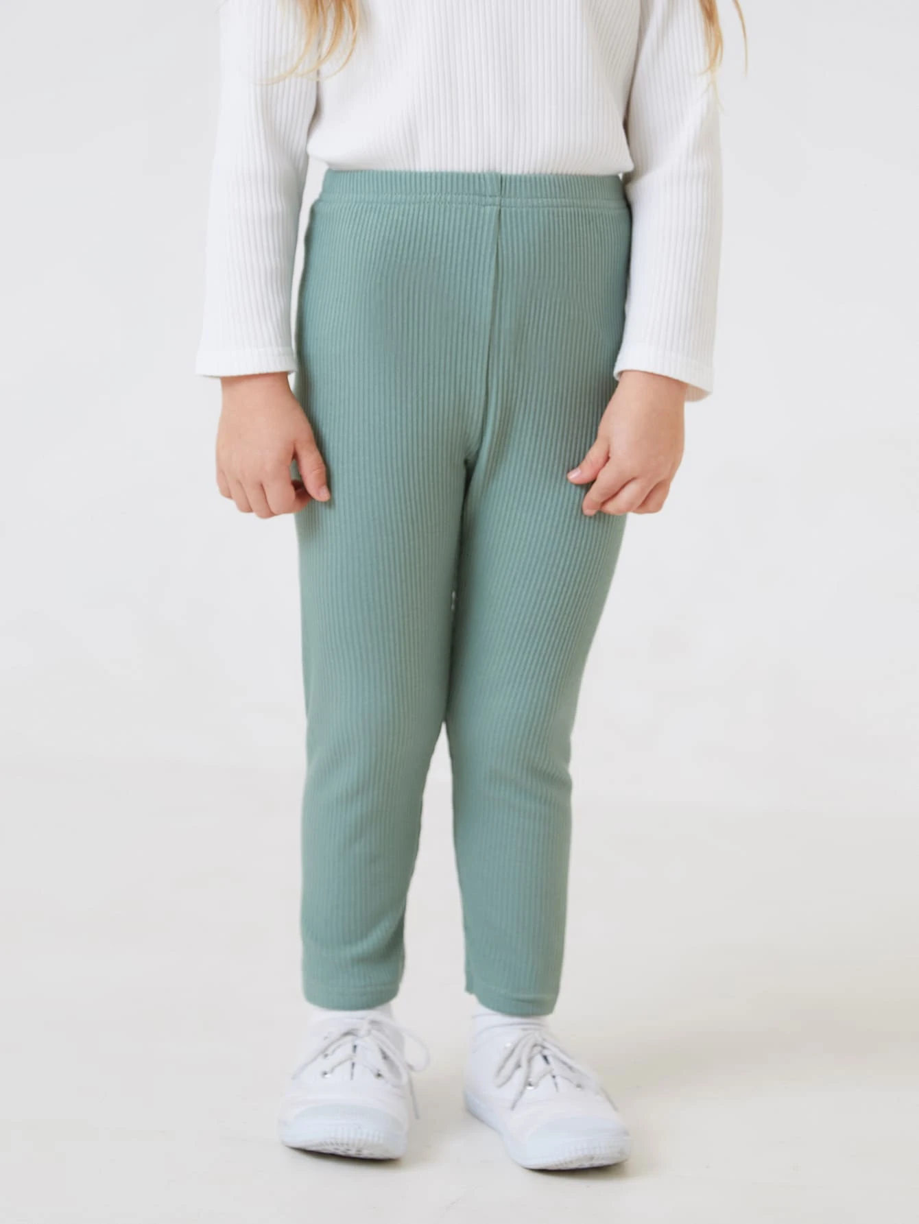 SHEIN Toddler Girls Solid Rib-knit Leggings - Mint Green - View 1