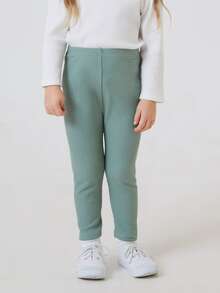 SHEIN Toddler Girls Solid Rib-knit Leggings - Mint Green - View 3