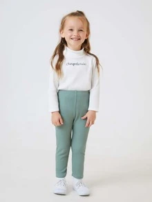 SHEIN Toddler Girls Solid Rib-knit Leggings - Mint Green - View 4