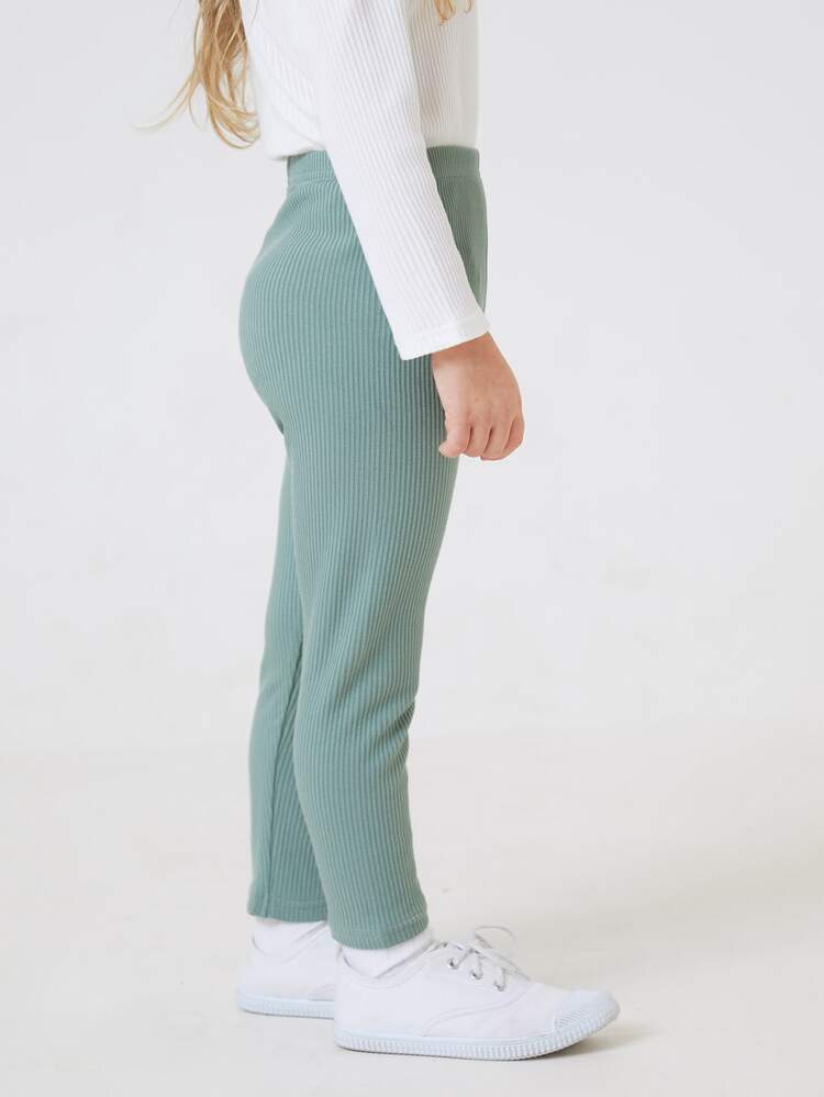 SHEIN Toddler Girls Solid Rib-knit Leggings - Mint Green - View 5