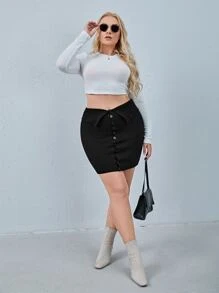 SHEIN Unity 大碼前排扣荷葉邊毛衣半身裙 - 黑色 - 查看 1