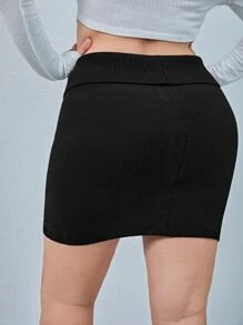 SHEIN Unity 大碼前排扣荷葉邊毛衣半身裙 - 黑色 - 查看 2