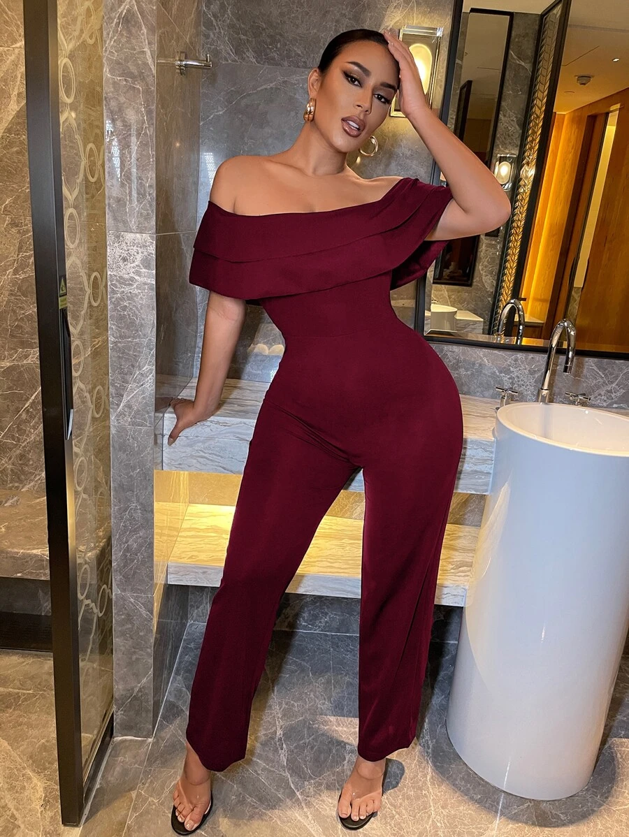 SHEIN SXY Jumpsuit a capas ribete con fruncido de hombros descubiertos - Burdeos - Ver 1
