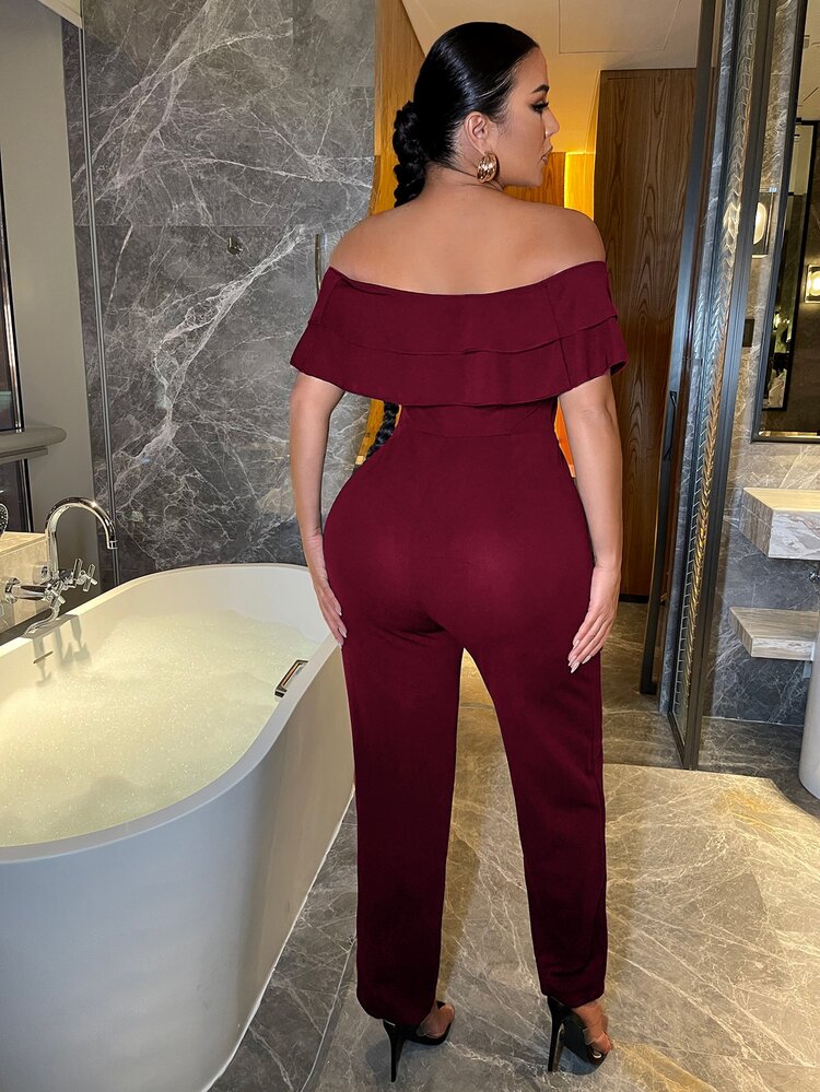 SHEIN SXY Tiered Layer Ruffle Trim Bardot Jumpsuit - Burgundy - View 2