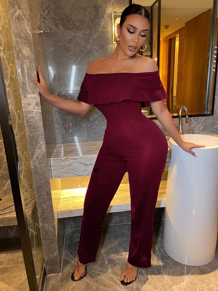 SHEIN SXY Tiered Layer Ruffle Trim Bardot Jumpsuit - Burgundy - View 5