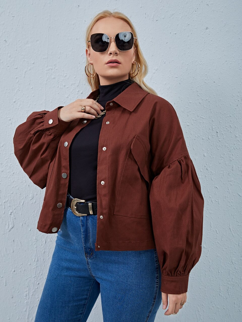 Plus Lantern Sleeve Flap Pocket Jacket