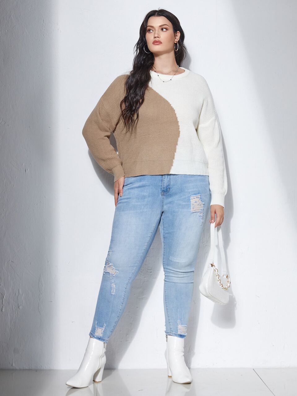 Plus Color Block Drop Shoulder Sweater
