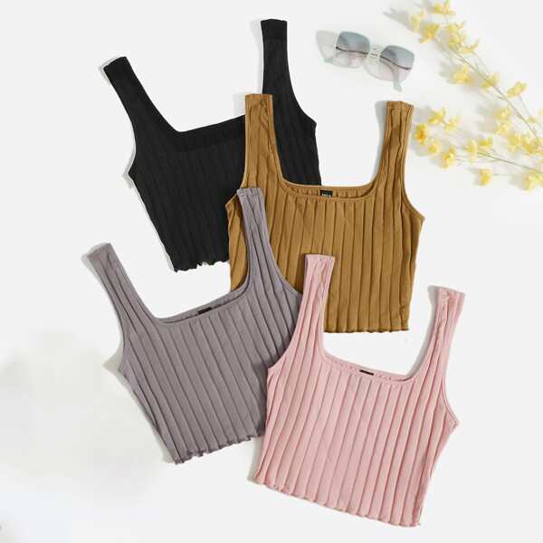 

4 Pack Lettuce Trim Rib-knit Tank Top, Multicolor