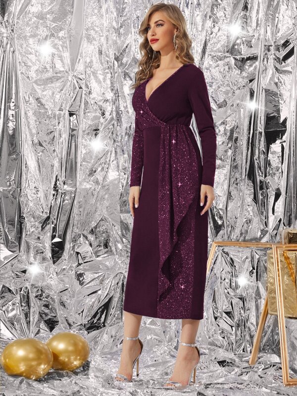 Surplice Neck Draped Glitter Fitted Dress SHEIN USA