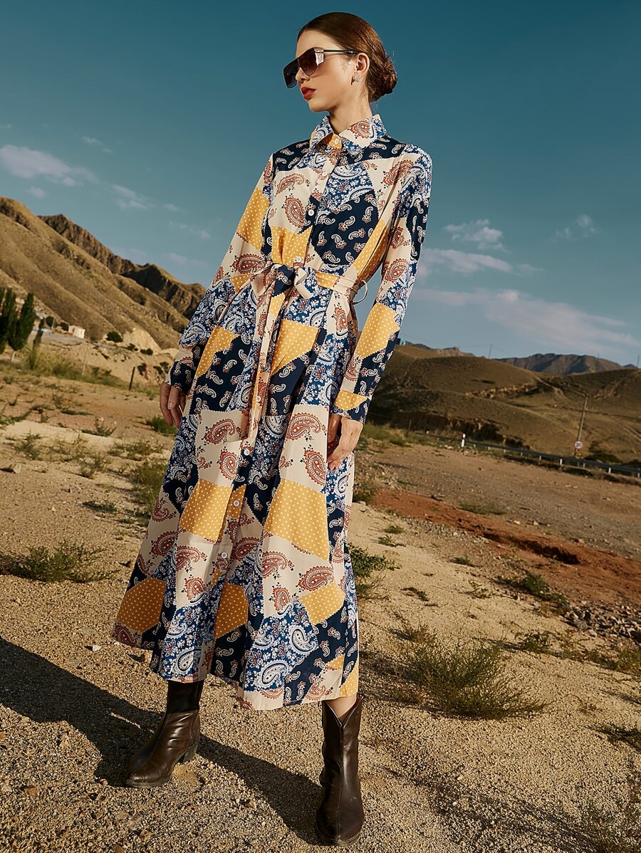 Mulvari 佩斯利和波點圖案前紐扣腰帶襯衫連衣裙 - 彩色 - 查看 1