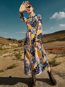 Mulvari 佩斯利和波點圖案前紐扣腰帶襯衫連衣裙 - 彩色 - 查看 4