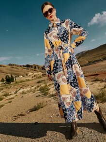 Mulvari 佩斯利和波點圖案前紐扣腰帶襯衫連衣裙 - 彩色 - 查看 6