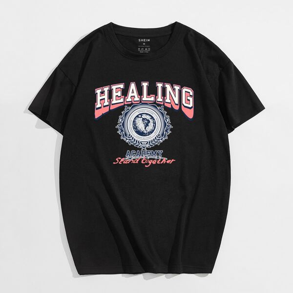

Men Slogan & Graphic Print Tee, Black