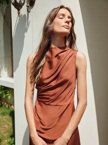 MOTF PREMIUM SILK DRAPED ASYMMETRICAL DRESS - Rust Brown - View 6