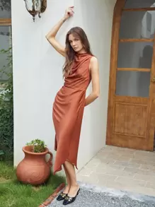 MOTF PREMIUM SILK DRAPED ASYMMETRICAL DRESS - Rust Brown - View 7