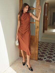 MOTF PREMIUM SILK DRAPED ASYMMETRICAL DRESS - Rust Brown - View 8
