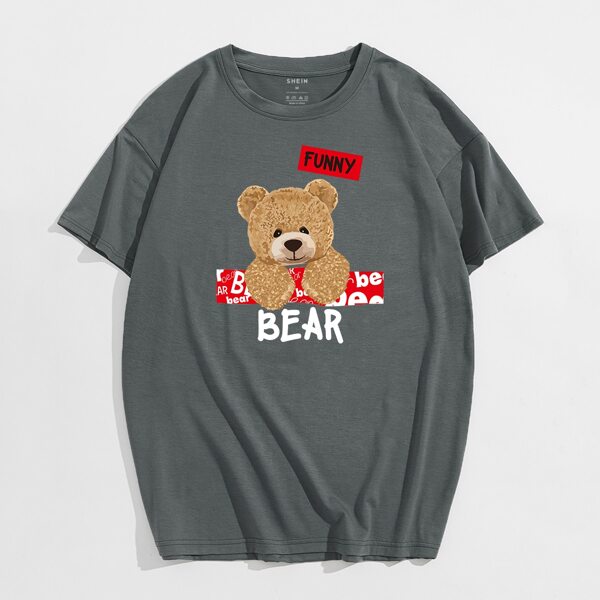 

Men Cartoon Bear & Letter Graphic Tee, Dark grey
