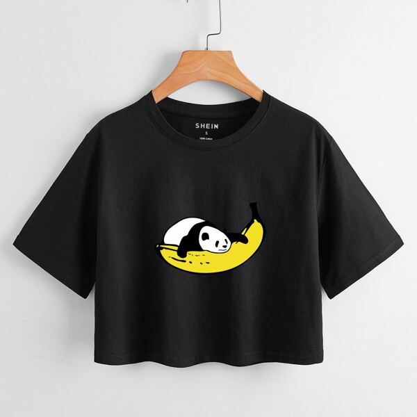 

Cartoon Panda & Banana Print Crop Tee, Black