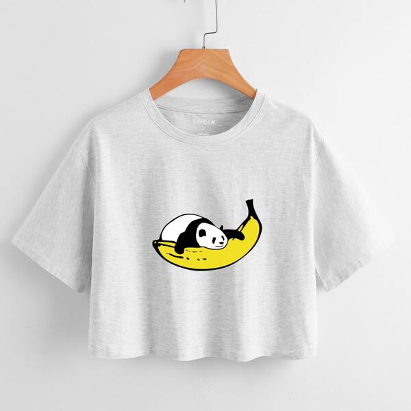 

Cartoon Panda & Banana Print Crop Tee, Light grey