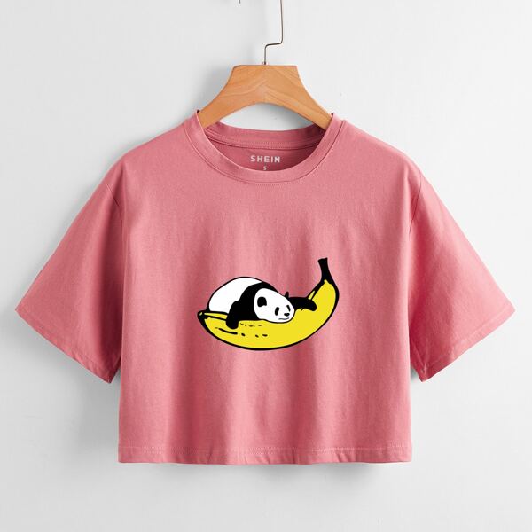 

Cartoon Panda & Banana Print Crop Tee, Dusty pink