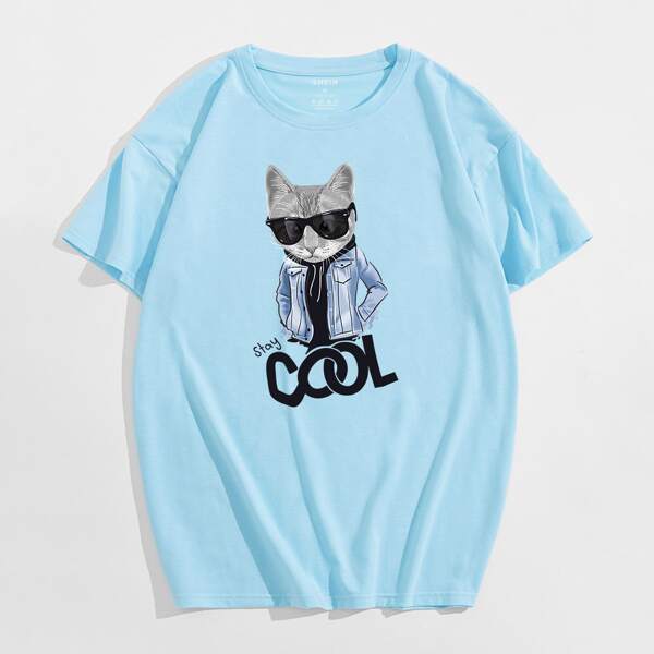 

Men Cartoon Cat & Slogan Tee, Baby blue