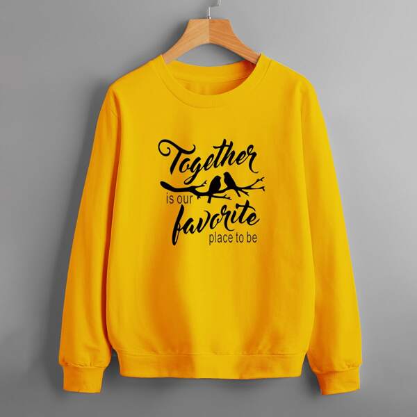 

Slogan & Birds Print Sweatshirt, Yellow