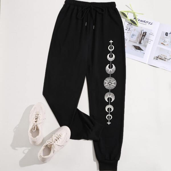 

Sun & Moon Print Drawstring Waist Sweatpants, Black