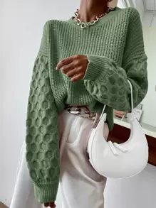 SHEIN Unity 條紋針織落肩袖套頭毛衣 - 綠色 - 查看 1