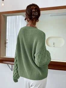 SHEIN Unity 條紋針織落肩袖套頭毛衣 - 綠色 - 查看 2