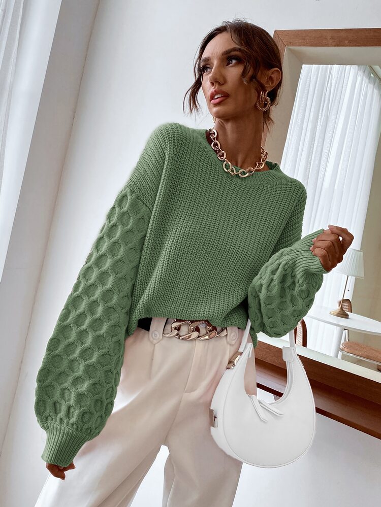 SHEIN Unity Áo len nữ màu trơn Giải trí - màu xanh lá - Xem 5