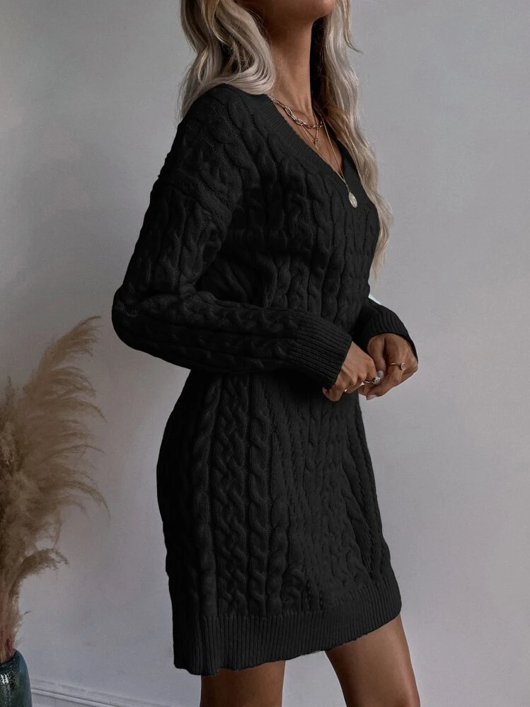 Chiquease Robe pull en tricot torsadé (sans ceinture) - Noir - Voir 3