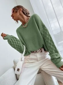 SHEIN Unity 條紋針織落肩袖套頭毛衣 - 綠色 - 查看 7