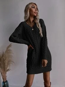 Chiquease Cable Knit Jumper Dress Without Belt - Black - View 4